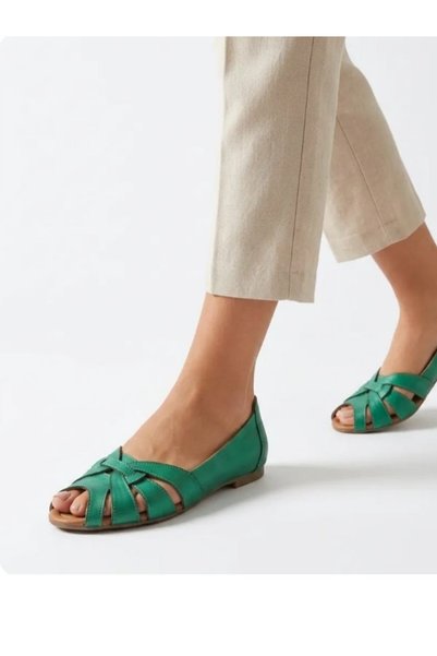 PİERRO SHOES Genuine Leather Knitted Detailed Open Toe Casual Women's Ballerinas