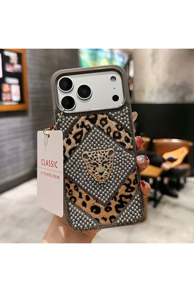 WFC iPhone 17 Leopar Desenli Tüylü İnci Taşlı Telefon Kılıfı