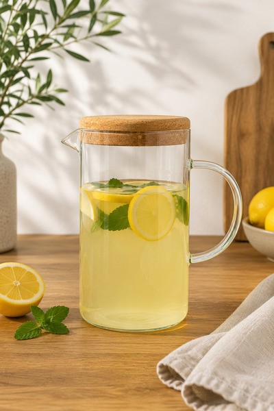 Karçiçeği Home Mantar Kapaklı Cam Sürahi – Şeffaf Borosilikat Tasarım Limonat...