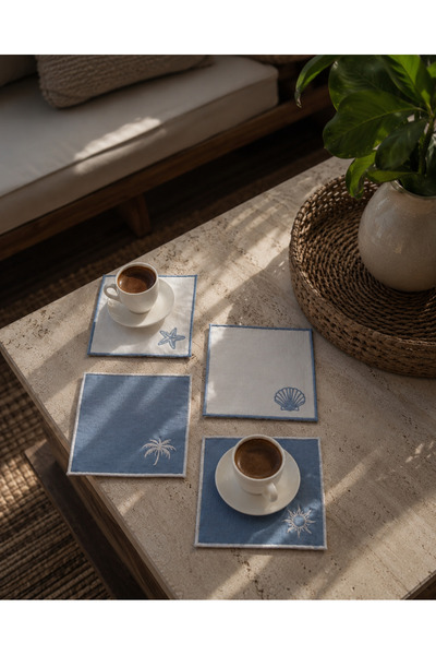 LİONYA DESİGN Set of 4 Sea-Themed Embroidered Coasters – Cocktail & Presentation Napkins (14X14 cm)