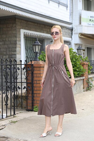 Siyezen Zippered Linen Fabric Brown Dress
