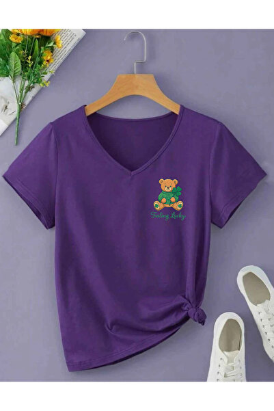 SUNFREE Lucky Teddy Printed V-Neck Regular Short Sleeve Women's Tshirt