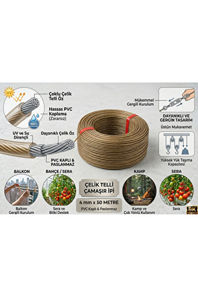 EMİRHANNALBUR Çelik Telli Çamaşır İpi 4 mm 50 Metre - PVC Kaplı Paslanmaz Day...