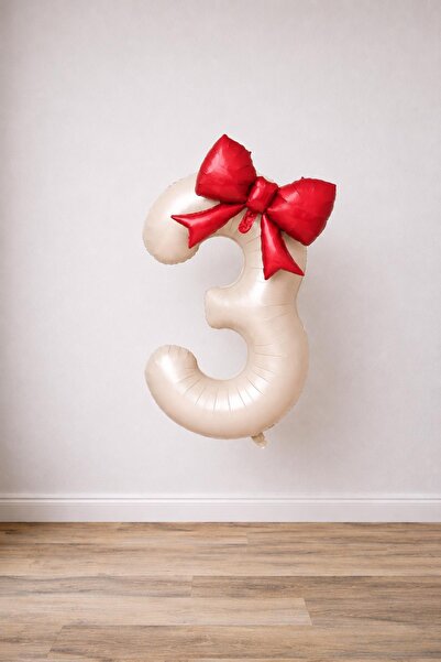 Patladı Gitti Red Bow & Cream 3 Number Foil Balloon Set