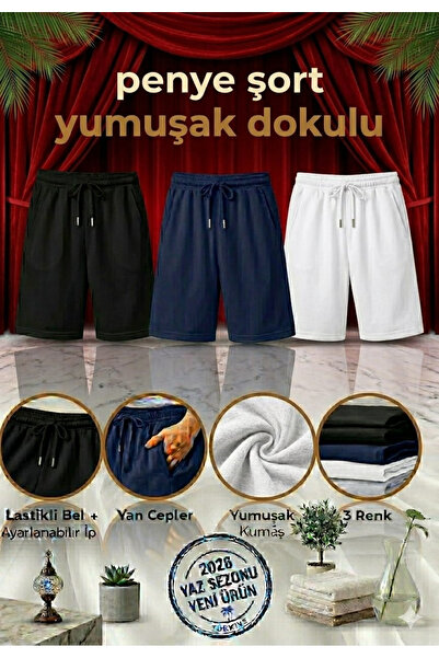 NETTENSTORE Black White Navy Blue 3-Piece Combed Cotton Shorts Set