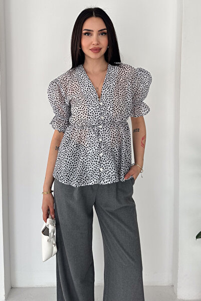 Noa&Noa Women's Polka Dot Chiffon Blouse V-Neck Buttoned Balloon Sleeve Blouse
