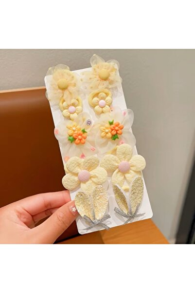 Rapunzel Accessories 10'lu Sarı Çiçek Fiyonk Desenli Prenses Toka - 5 Çift Yu...