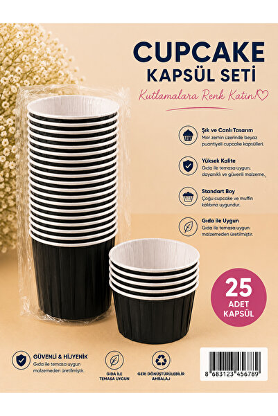 Partifabrik Cupcake Kapsülü Kalın Eğilmez Kalıpsız Kullanım 25 Adet Siyah