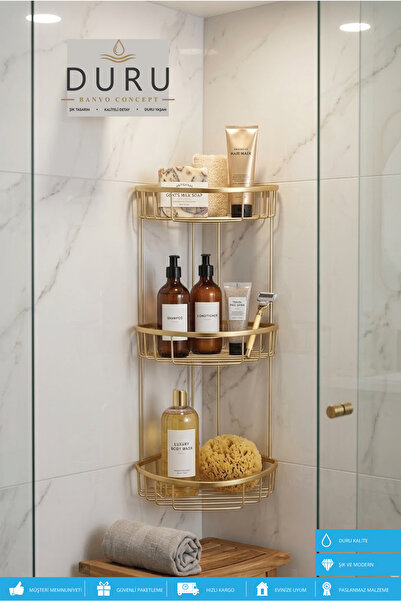 DURUBANYOCONCEPT PRİNÇ MAT GOLD KAPLAMA BANYO KÖŞE RAFI ŞAMPUANLIK ÜÇ KATLI