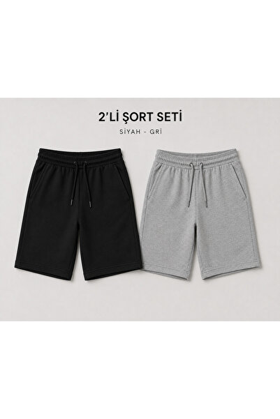 ADR MODA Unisex 2 Li Siyah Gri Geniş Paça Şort Seti