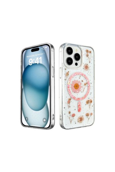 OEM Apple iPhone 14 Pro Max Case Daisy Glitter Magsafe Cover - Pink