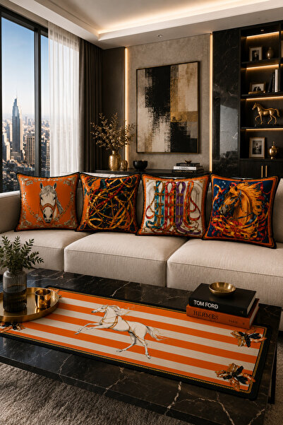 stellahomes Lüks At Desenli Runner ve Kırlent Seti Dijital Baskılı Modern Sal...