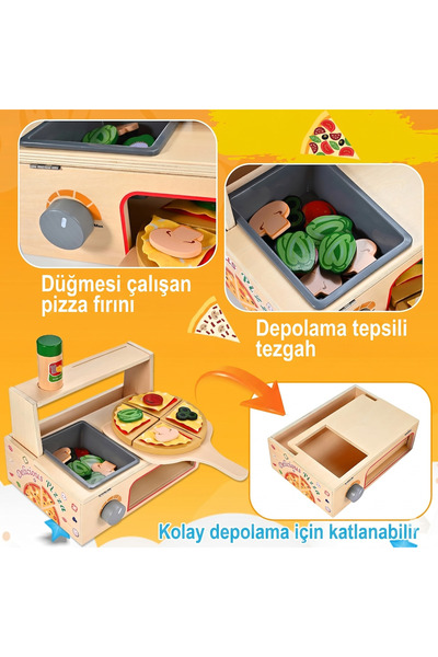 Limon Dekor Ahşap Çocuk Mutfak Seti Oyuncak Pizza Fırını - 50 Parça Eğitici Montessori Evcilik Oyunu
