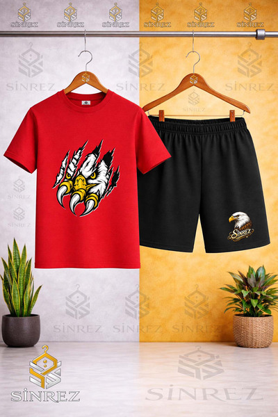 SİNREZ Crew Neck Kids' T-Shirt with Eagle in the Pence Print - Shorts Set