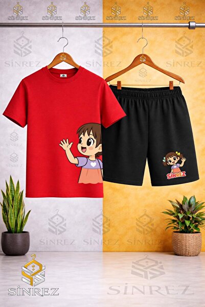 SİNREZ Crew Neck Kids' Girls' Left Side Printed T-Shirt - Shorts Set