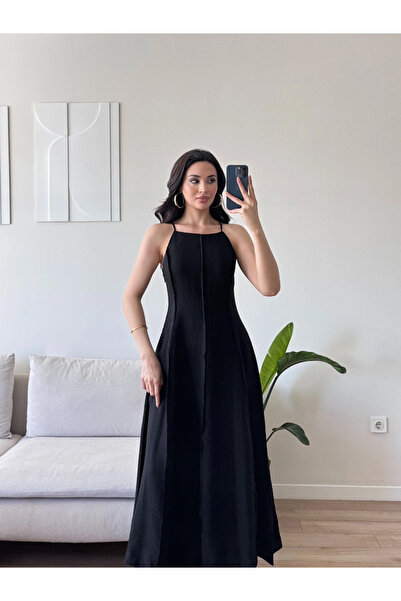 Zoom Butik Askılı Ters Dikiş Keten Elbise - SİYAH
