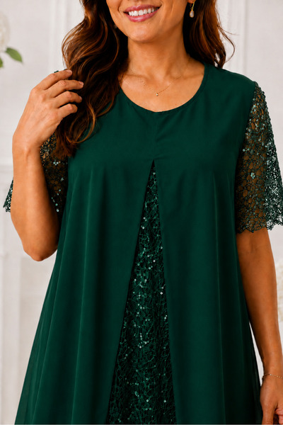 IŞILTI Women's Crew Neck Lace Short Sleeve Sequined Special Design Stylish Em...