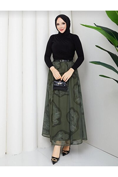 MODA VEDAT Women's Tulle Digital Print Detailed Belted Skirt -0350