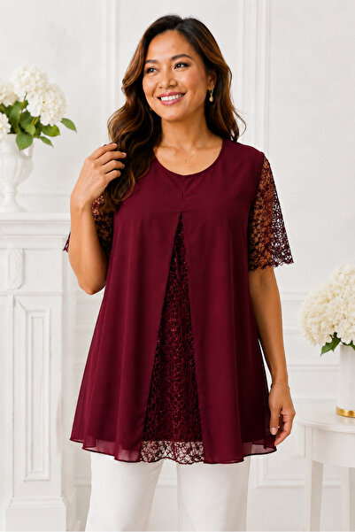 IŞILTI Women's Crew Neck Lace Short Sleeve Sequined Special Design Stylish Bu...