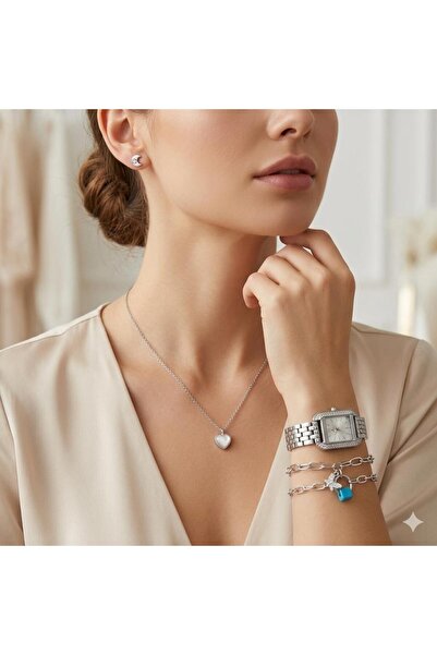 Mise Aksesuar 5-Piece Set Necklace Bracelet Earring Watch Set Silver Color