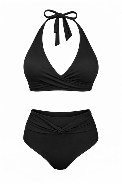 Transacoustic Kadın Şık Düğümlü Özel Tasarım Çift Kat Yüksel Bel Bikini Takımı