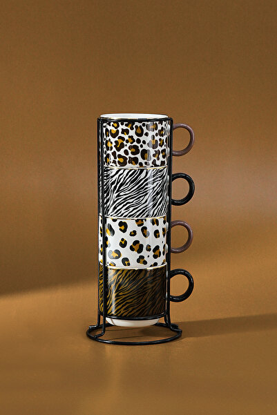 Karaca Leobra 5 Parça Standlı Leopar Desenli Çay Fincanı Seti 160 ml