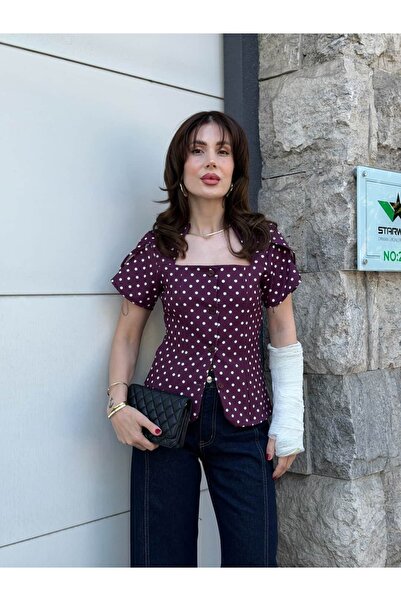 YK FASHION Puantiyeli Kare Yaka Bluz