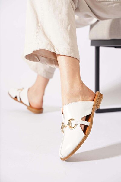 Moda Pie Holer Women's Genuine Leather Slippers with Side Open Buckle, White ...