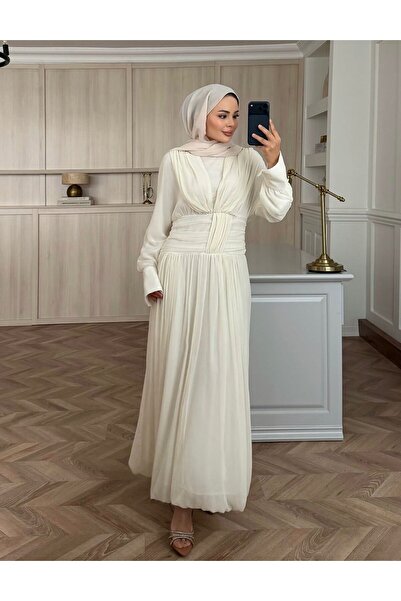 Sara Deluxe Draped Chiffon Evening Dress - Elegant Design with Stone Belt Detail