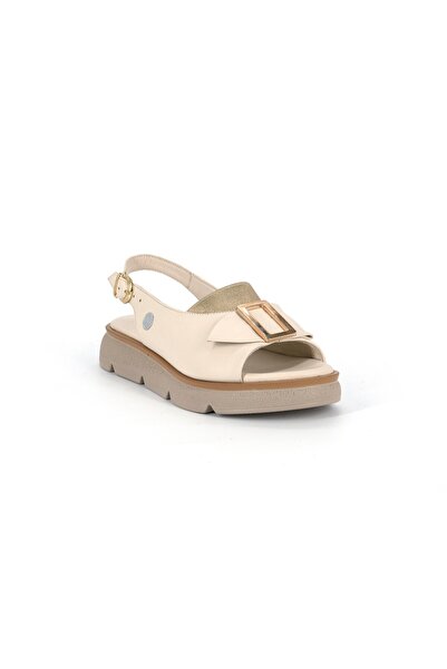 Mammamia D26Ys-5115 Cream Color Genuine Leather Women's Sandals with Side Buc...