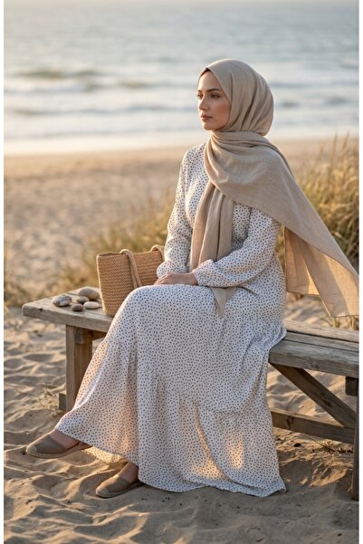 sefamerve Rochie Hijab cu guler imprimat cu buline 0290-03 Alb