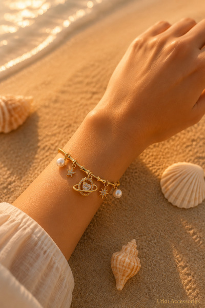 utkuergin Ysx Adjustable Charm Handcuff Steel Bracelet with Pearls
