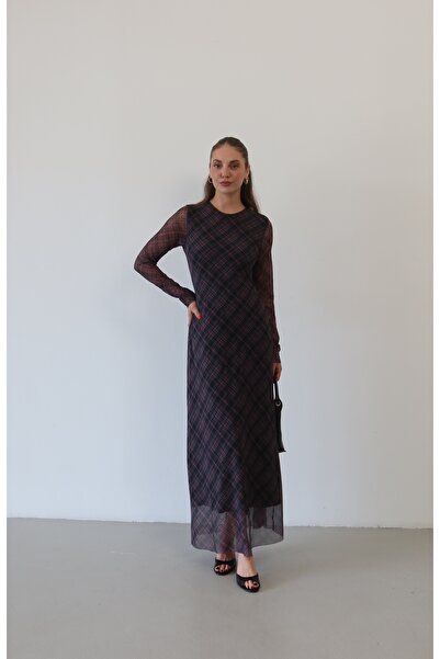 Myra Fashion Ekose Desenli Tül Detaylı Uzun Kollu Maxi Elbise Sırtı Açık Vücu...