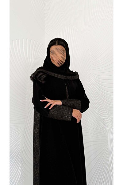 AYA mwt2058 عباية كريب اسود مع تدخيلة ركامة