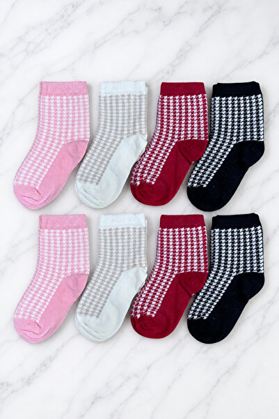 ZENGİN 8 Pack Seamless Toe Girls' Socks Houndstooth Pattern Colorful Cotton