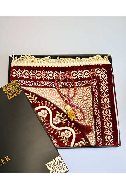 Bilenler Velvet Lined Prayer Rug and Crystal Prayer Beads in Burgundy Special...