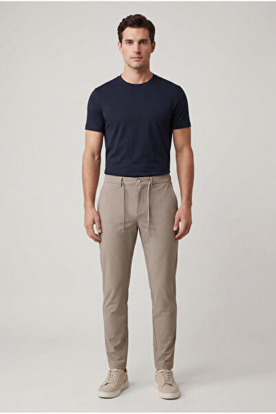 BRACCAS Men's Mink Slim Fit Lace-Up Jogger Pants with Half Elastic Waist and ...