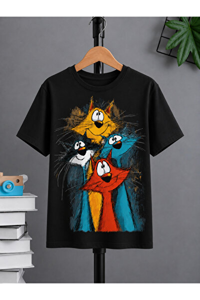 VODEXA Tricou oversize unisex cu imprimeu 4 CATS, 100% bumbac, croială confor...