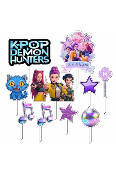 OEM Huntrix K-Pop Κυνηγοί Δαιμόνων Παιδικό Διακοσμητικό Τούρτας – Σετ 10 διακ...
