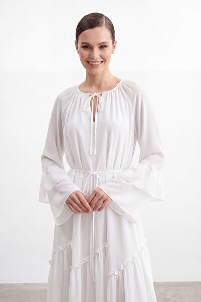 Puane Women's Lace Detailed Flounce Sleeve Long Dress 12694
