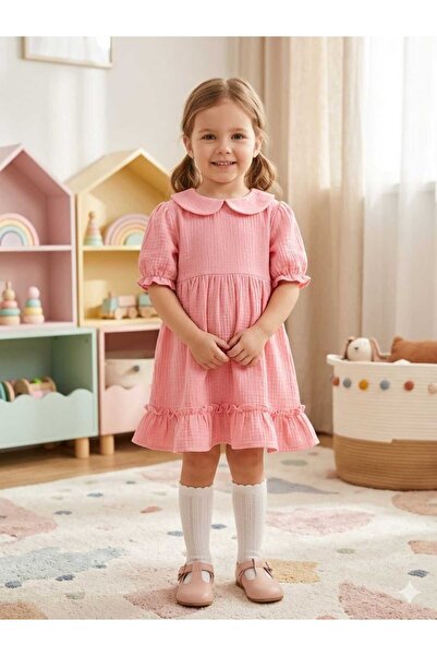 mimi little kids Bebe yaka müslin pembe kız çocuk yazlık elbise