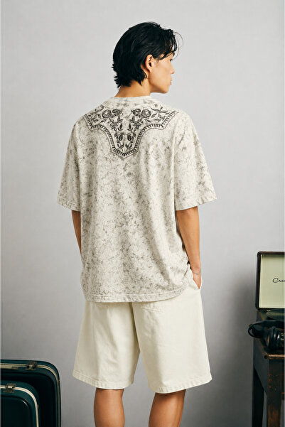 Chirkef Unisex Ecru Oversize 100% Cotton Back and Front Printed Crew Neck Str...