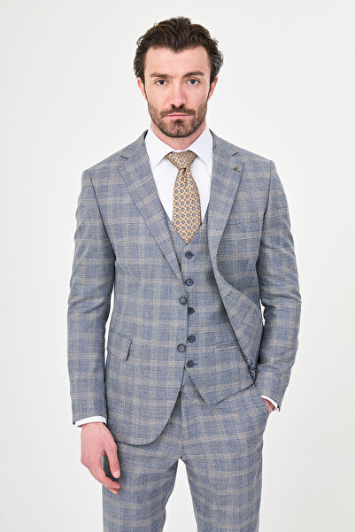 Mcr Plaid Slim Fit Mono Collar Classic Men's Suit Navy Blue - 45470.26Y
