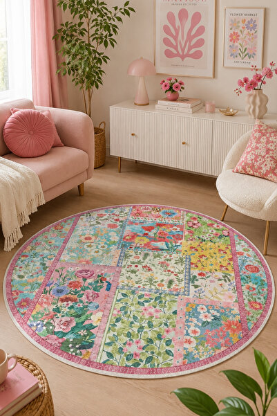 Decomia Home Dijital Kaymaz Yıkanabilir Renkli Yuvarlak Salon Halısı Çocuk Ha...