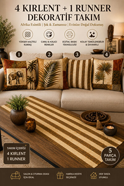 stellahomes Safari Temalı Runner ve Kırlent Seti 5 Parça Dekoratif Yastık Tak...