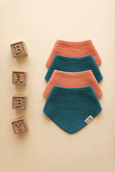 Bedeca Set of 4 100% Organic Cotton Baby Muslin Bibs - Baby Girl and Boy Drool and Feeding Bibs, Scarf, Collar