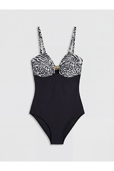 LC Waikiki Black v-neck zebra patterned women's swimsuit from gulis clothing