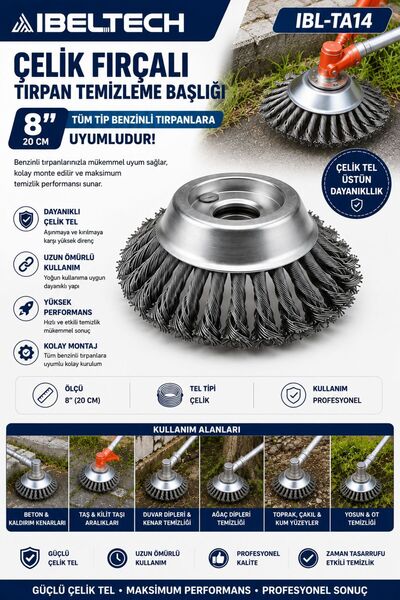 İBELTECH 8” 20CM BÜYÜK MODEL Çelik Tel Ot Temizleme ve Kıyı Temizleme Başlığı...