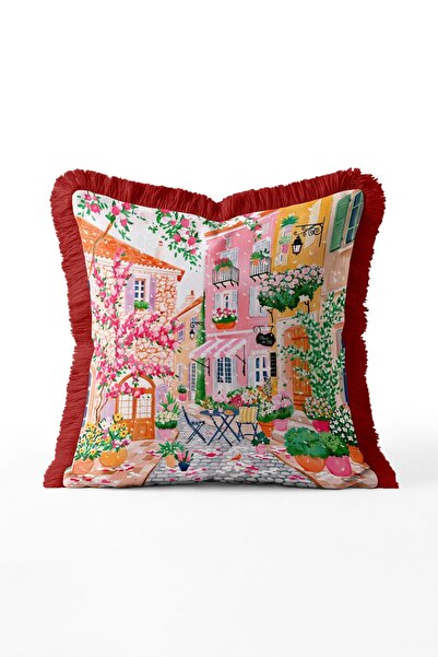 IdeCraft Floral Mediterranean Street Scenery Fringed Throw Pillow Cover - Bur...