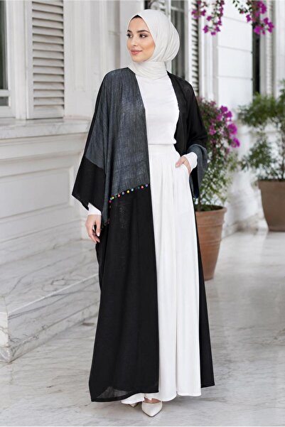 TRENDTESETTÜR KADIN SİYAH PONPON DETAYLI ABAYA T 10114